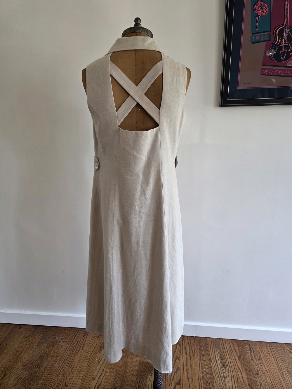 Coldwater Creek X Back Sundress Beige Linen Blend Shell Buttons Size Medium - Picture 2 of 8